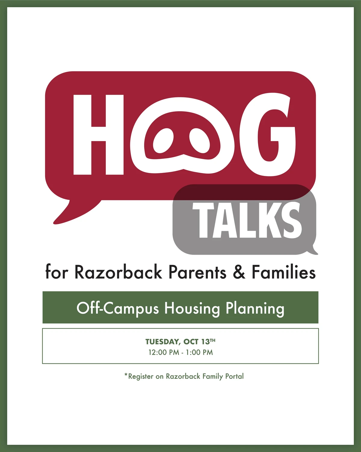 Invitation to HogTalks event for Razorback parents, focusing on off-campus housing.