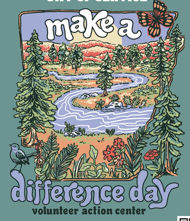 This colorful illustration promotes "Make a Difference Day" by depicting a vibrant natural landscape with trees, a river, flowers, a bird, and a butterfly.